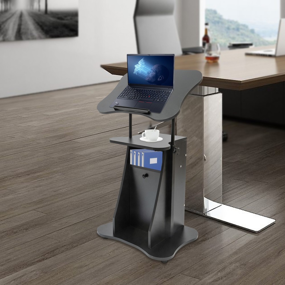 Floor Standing Pulpit Adjustable Height Lectern Podium w/ Wheels and Storage