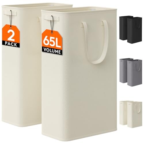 2 Pack Slim Laundry Hamper, Collapsible Narrow Laundry Basket, Small 65L White