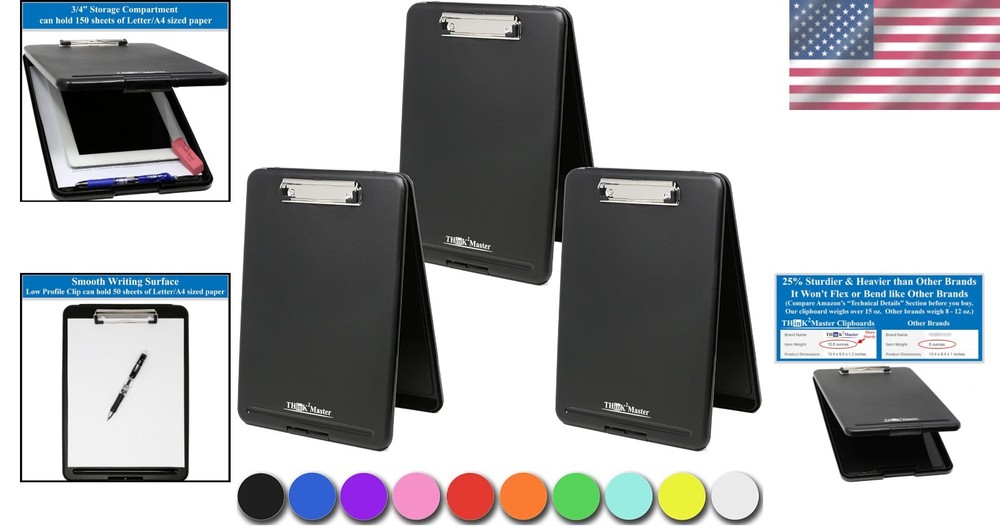 Black Professional Clipboards: 3-Pack with 0.75" Storage & Low Profile Clip