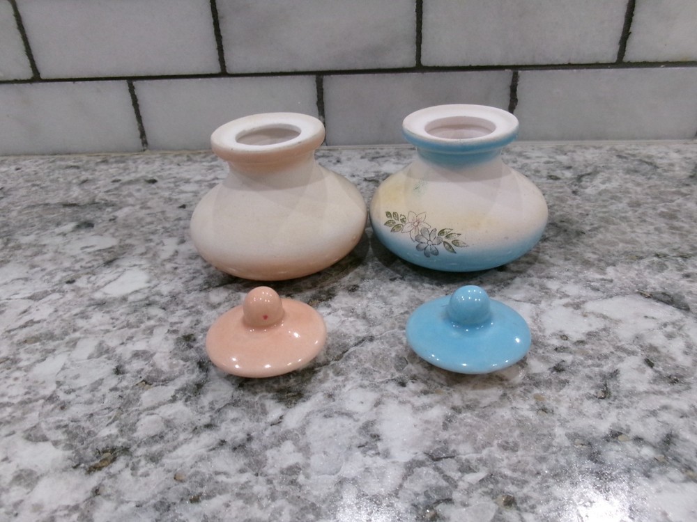 Vintage Trinket Jars, Mini, Ceramic, Aztec Style, w/Lids, 2.2" x 2.5