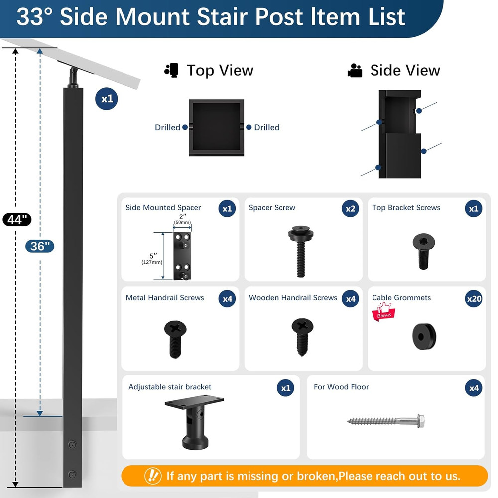 36" Side Mount Cable Railing Post - Versatile Indoor/Outdoor Stair Solution
