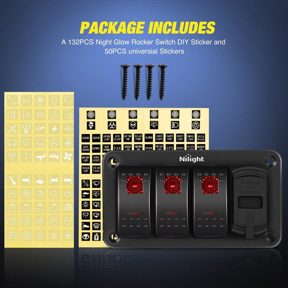 Nilight 3 Gang Rocker Switch Box 12V SPST ON Off Toggle Switch PD Type C