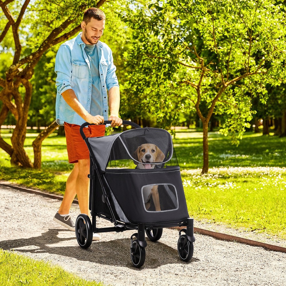 PawHut One-Click Foldable Pet Stroller With Shock Absorber, Gray