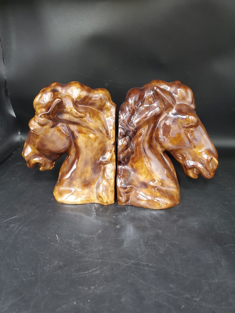 MCM Studio Pottery Horse Bookends Equestrian Lusterware Brown