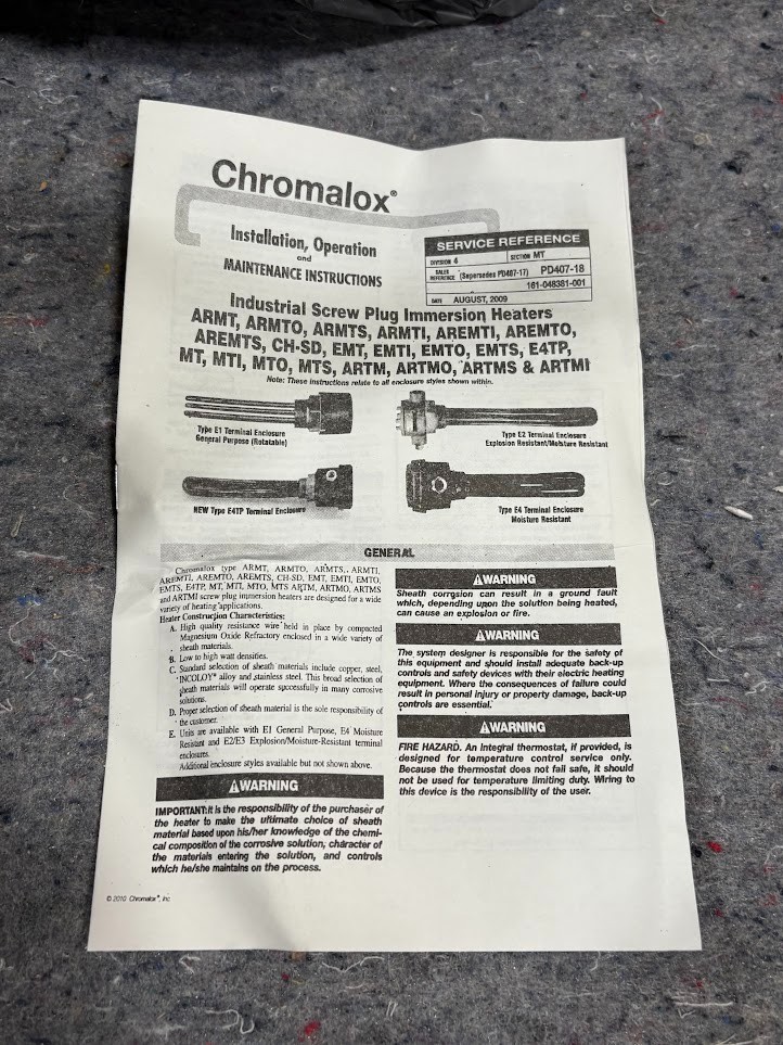 Chromalox Screw Plug Immersion Heater ARMTO-250E2T4 120V 0.25kW 1-Phase *NOB*