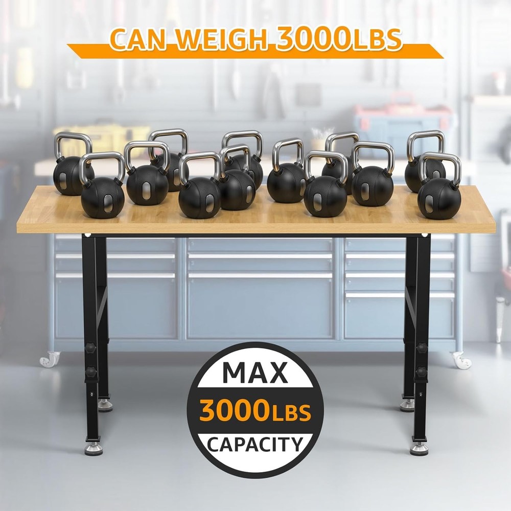 60" Adjustable Workbench,Heavy-Duty Work Table,3000 LBS Load Capacity Particlebo
