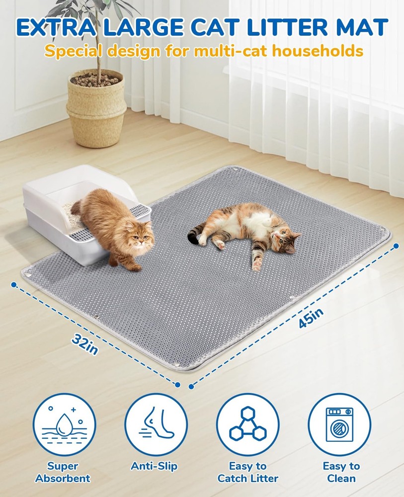 45"x32" Extra Large Cat Litter Mat, Honeycomb Double Layer Kitty Litter Trapp...