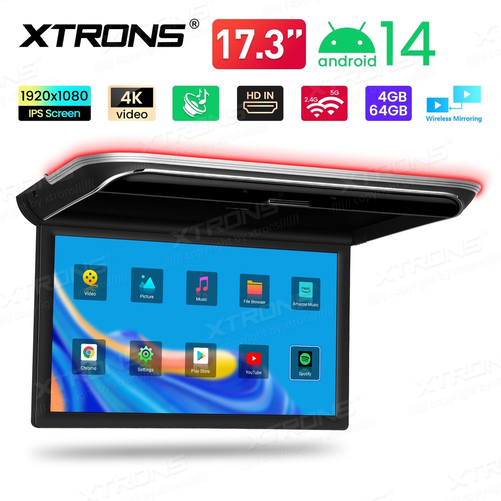 17.3" Car Ceiling Mount TV Android 14 Flip Down Screen 4K Octa Core HDMI WiFi