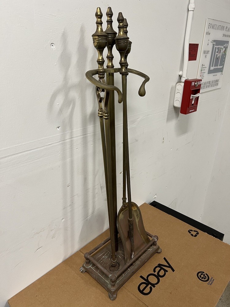 Vintage Solid Brass Fireplace 3 Tools with Stand Set