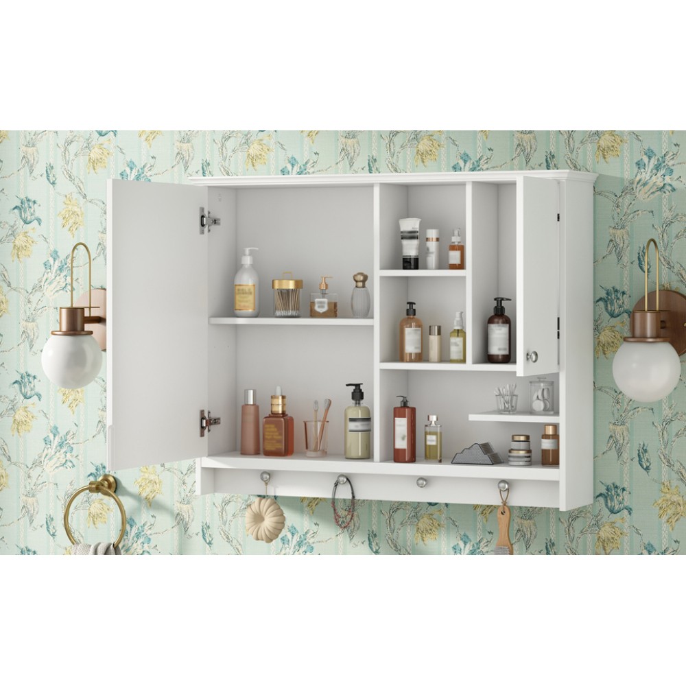 Wall-mounted medicine cabinet with mirrored doors and adjustable shelves