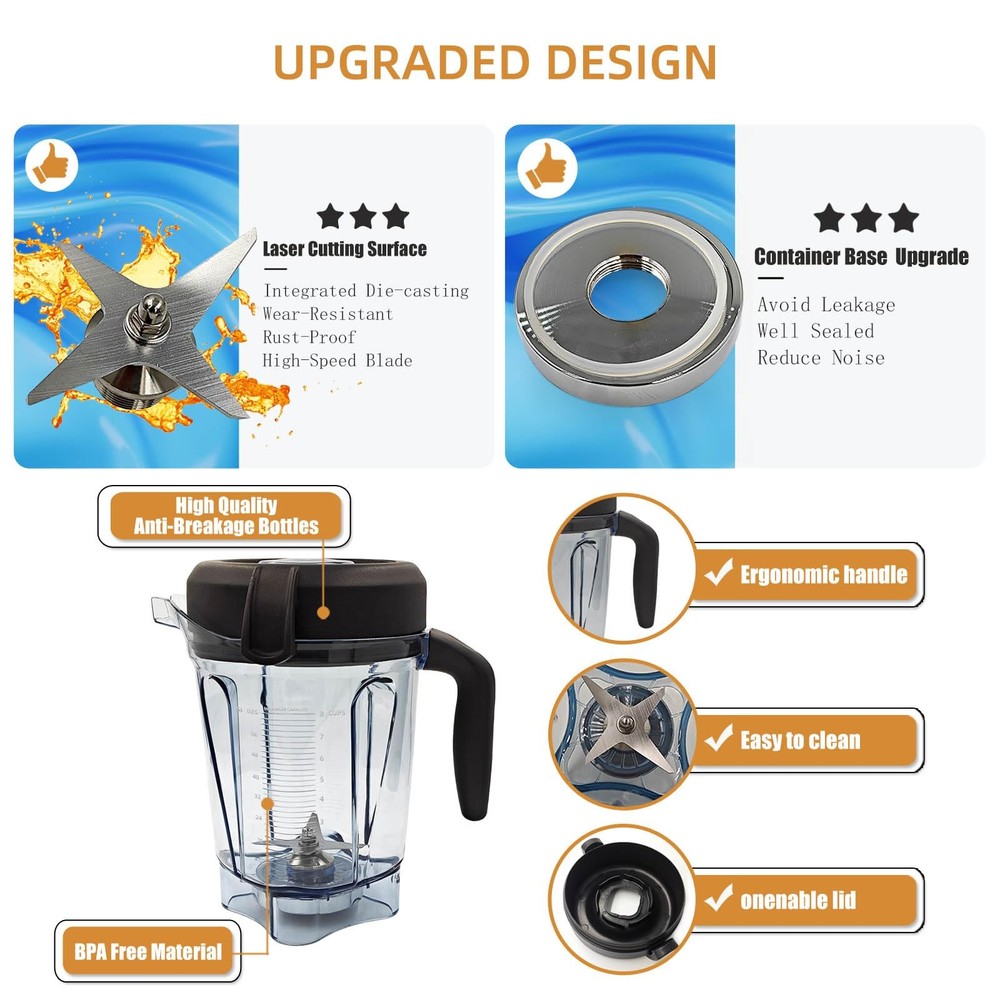 Blender Pitcher 64 oz Low-Profile Container, Compatible with 5200, 750, 5000,...