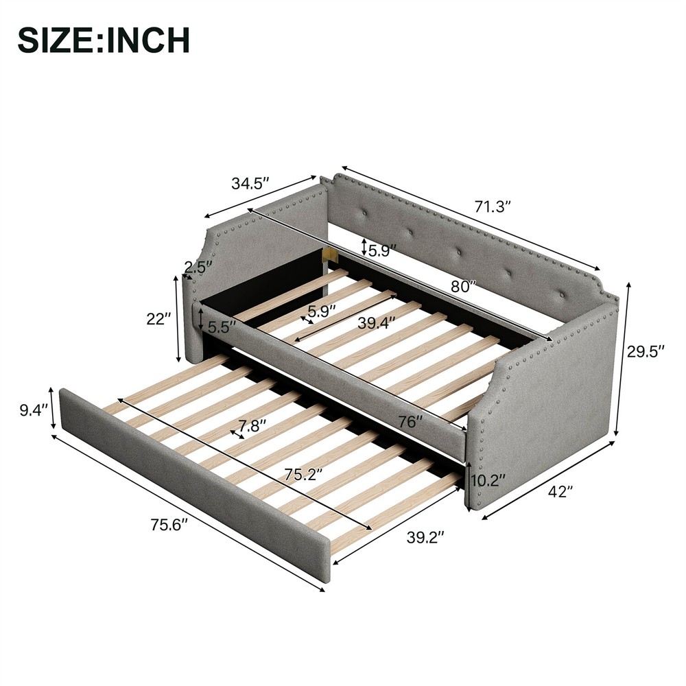 Twin Size Daybed w/ Pull-Out Trundle Bed Upholstered Bed Frame Sofa Bed US
