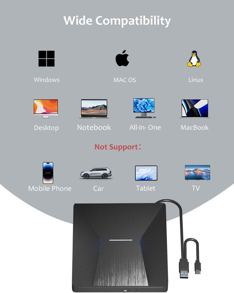 External Blu ray Drive for Laptop PC USB 3.0 Type-C DVD/CD Blu-ray Player Burner