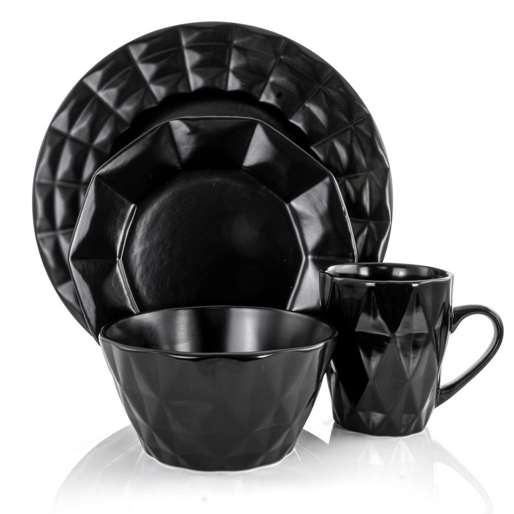 Elama Retro Chic 16 pc Glazed Stoneware Dinnerware Set in Black