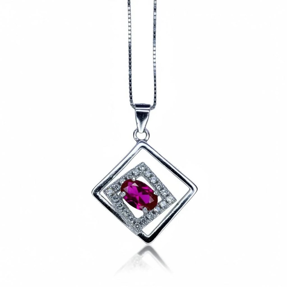 Geometric Ruby Necklace Sterling Silver Minimalist Double Square Tiny Ruby