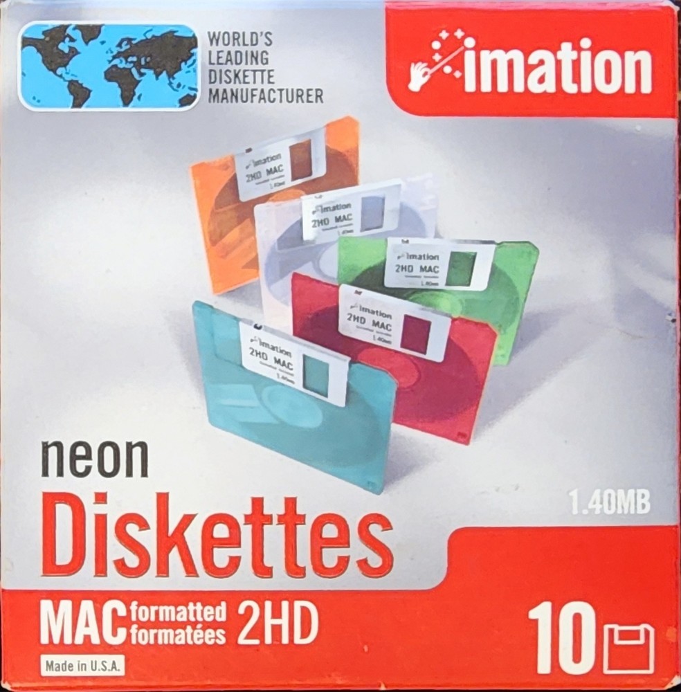 Imation Neon Diskettes. MAC Formatted 2HD. 2 Missing. 8 Diskettes Total. 1.40MB