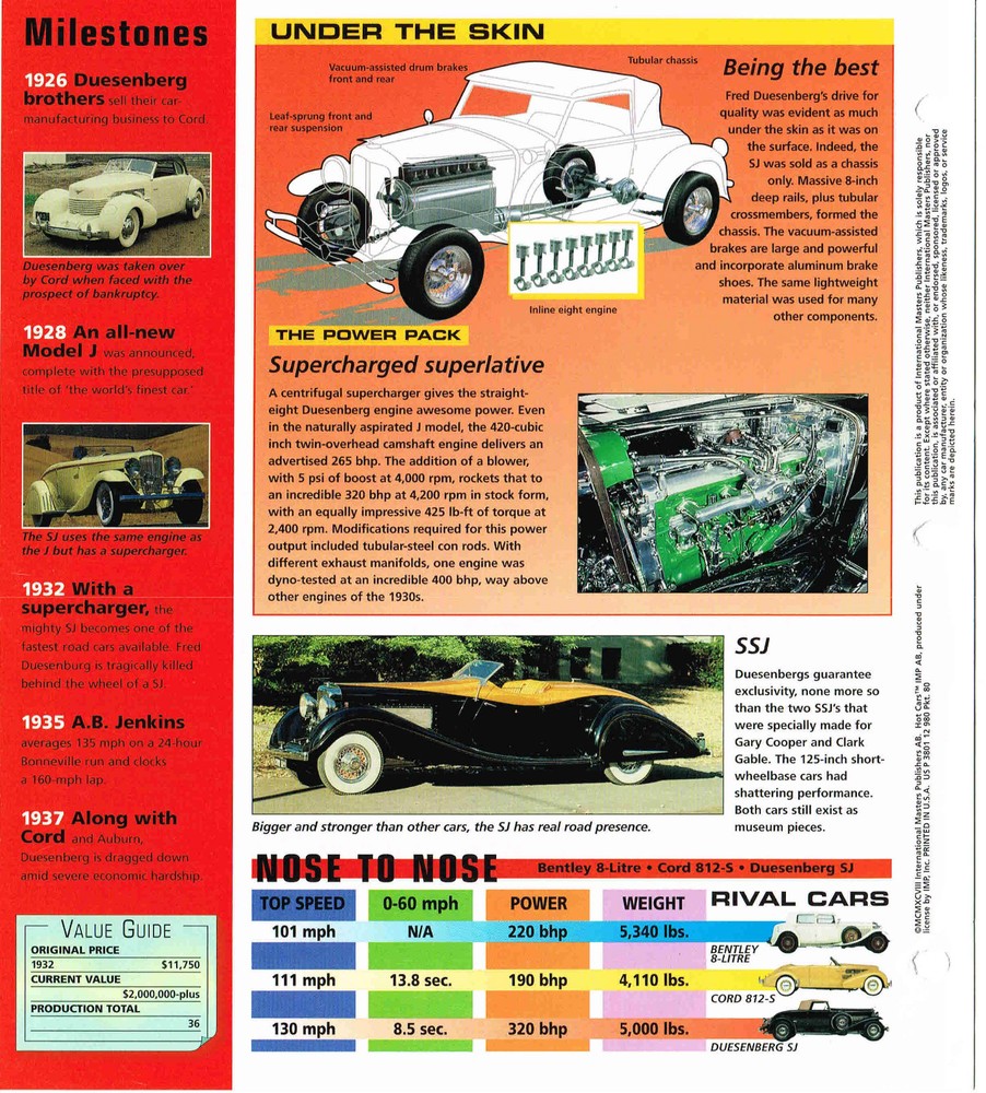 DUESENBERG SJ SPEC SHEET / Brochure / Catalog / Prospek: 1932,