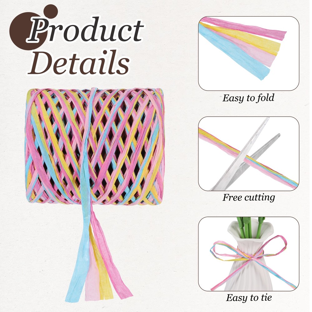 Raffia Ribbon, 131 Yard Natural Raffia Paper String, Pink, Yellow, Blue