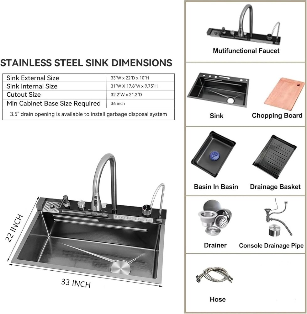 33x22 IN White Flying Rain Waterfall Kitchen Sink Integrated w Pull-Out Tap Set