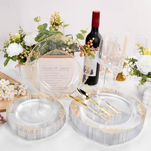 PCS and Gold Plastic Plates for 50 Guests Disposable Plates Include 100 Clear