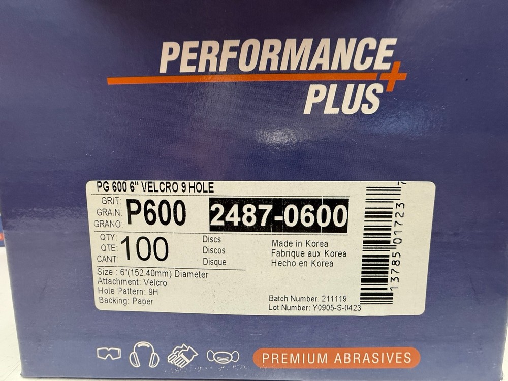 PERFORMANCE PLUS PG 6" 9 HOLE SANDING DISC, 600 GRIT, 100 DISCS PER BOX, NEW