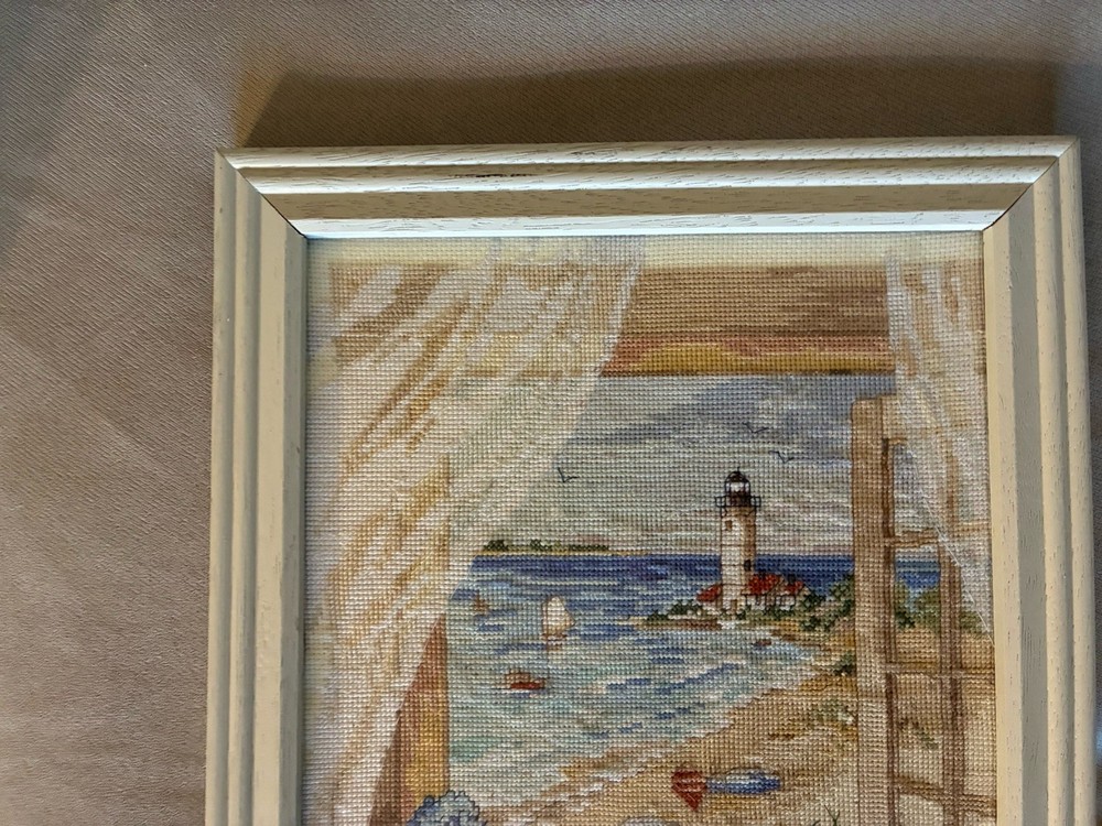 Lighthouse Completed Cross Stitch Window View Beach Hydrangeas Framed w/Glass