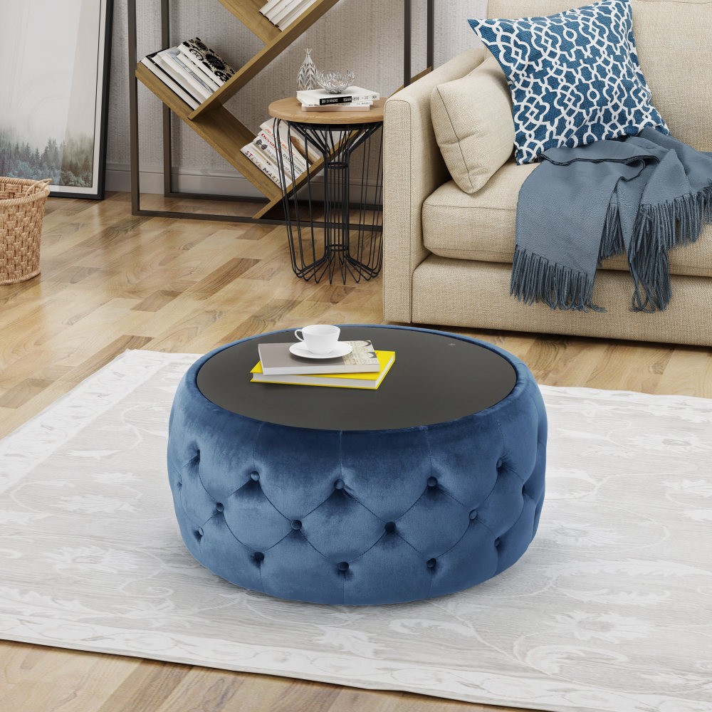 Coffee Table Cluster-Stitch Diamond Pattern With Tempered Glass Top