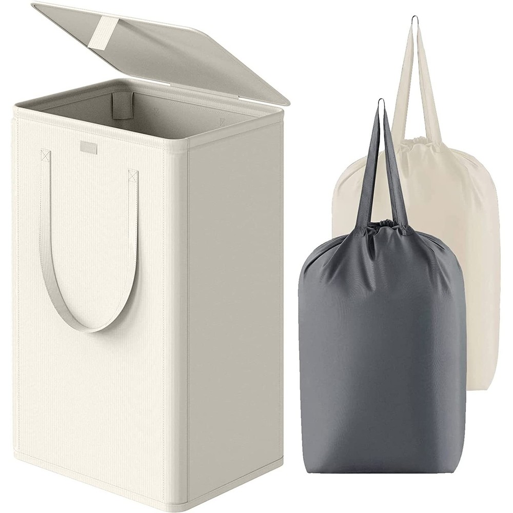 100L Laundry Hamper with Lid Foldable Basket with Removable Bags Beige
