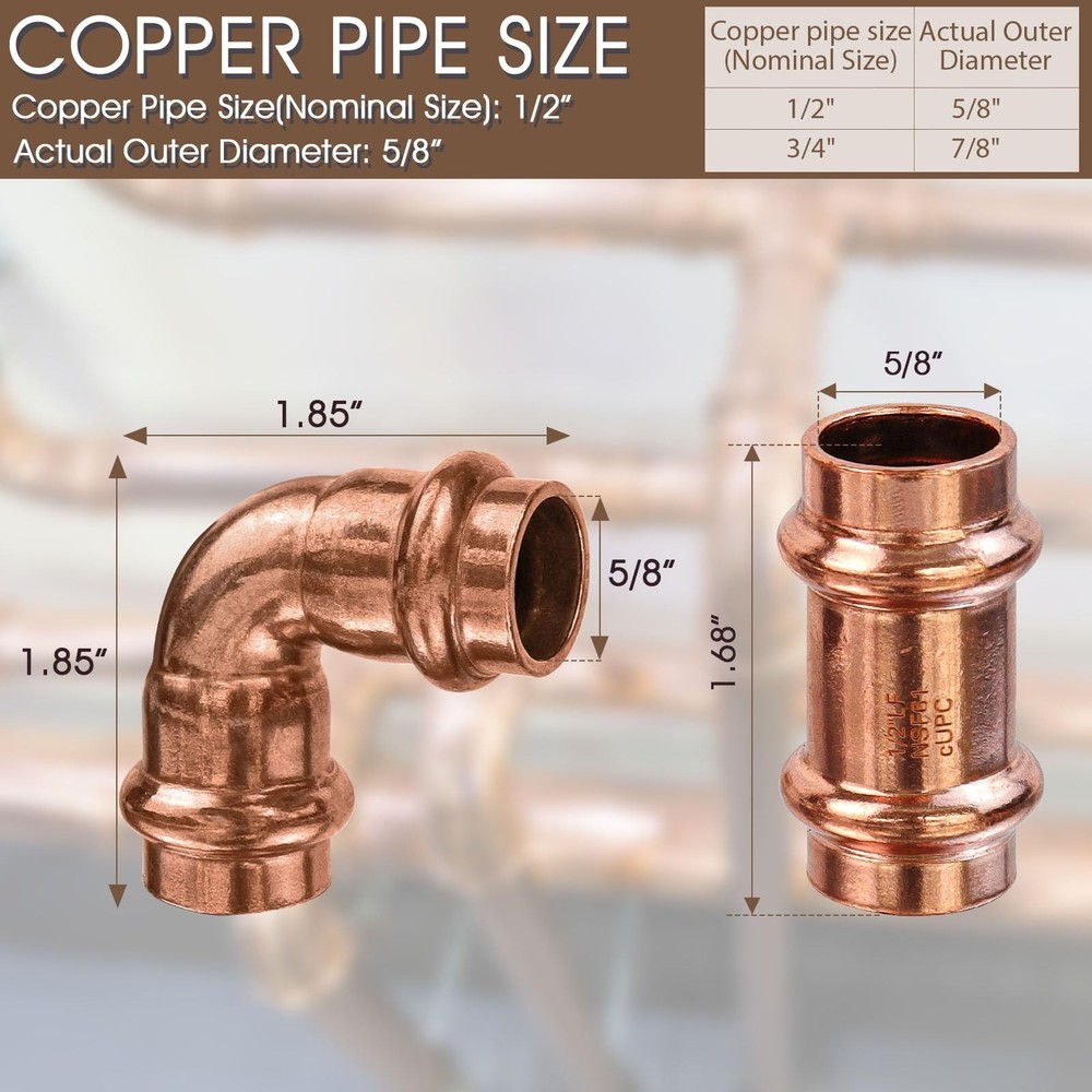 Copper Press 1/2"Press Coupling+1/2" 90° Elbow+1/2" Tee Copper,