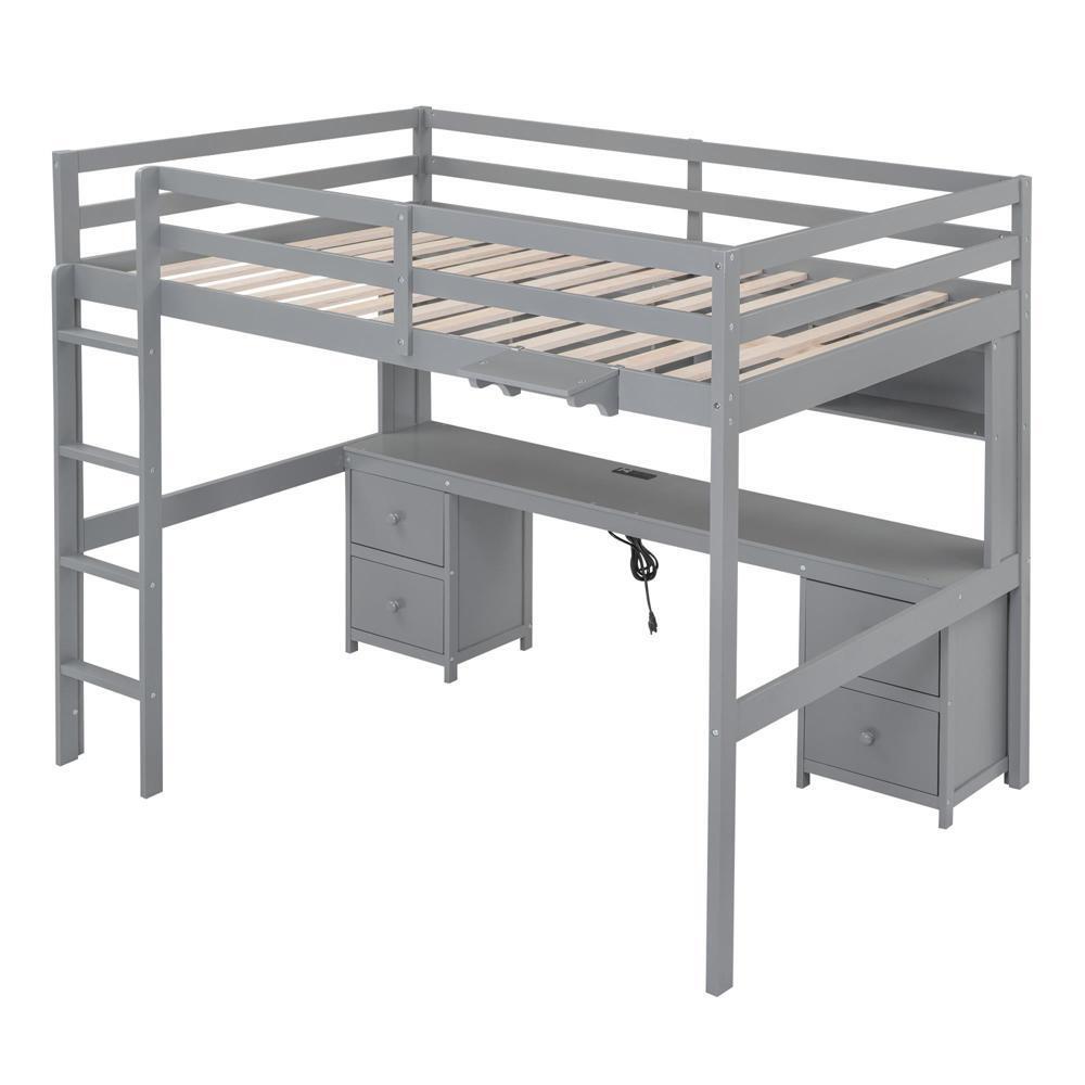 New Practical Modern Full Size Loft Bed with Desk Cabinets Bedside Tray Charging