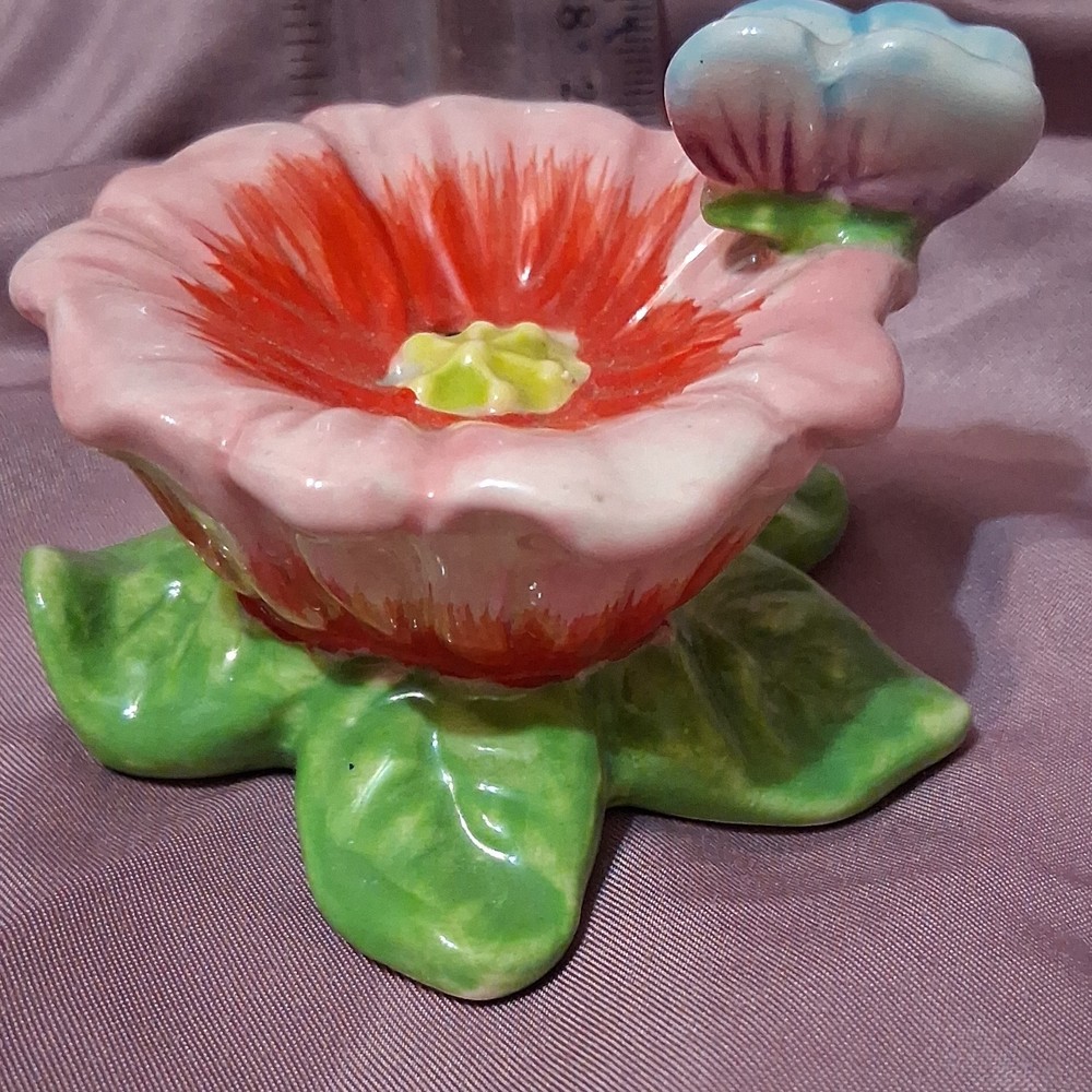 Glossy Ceramic Flower incense burner with Butterfly Accent, Multicolor, Small