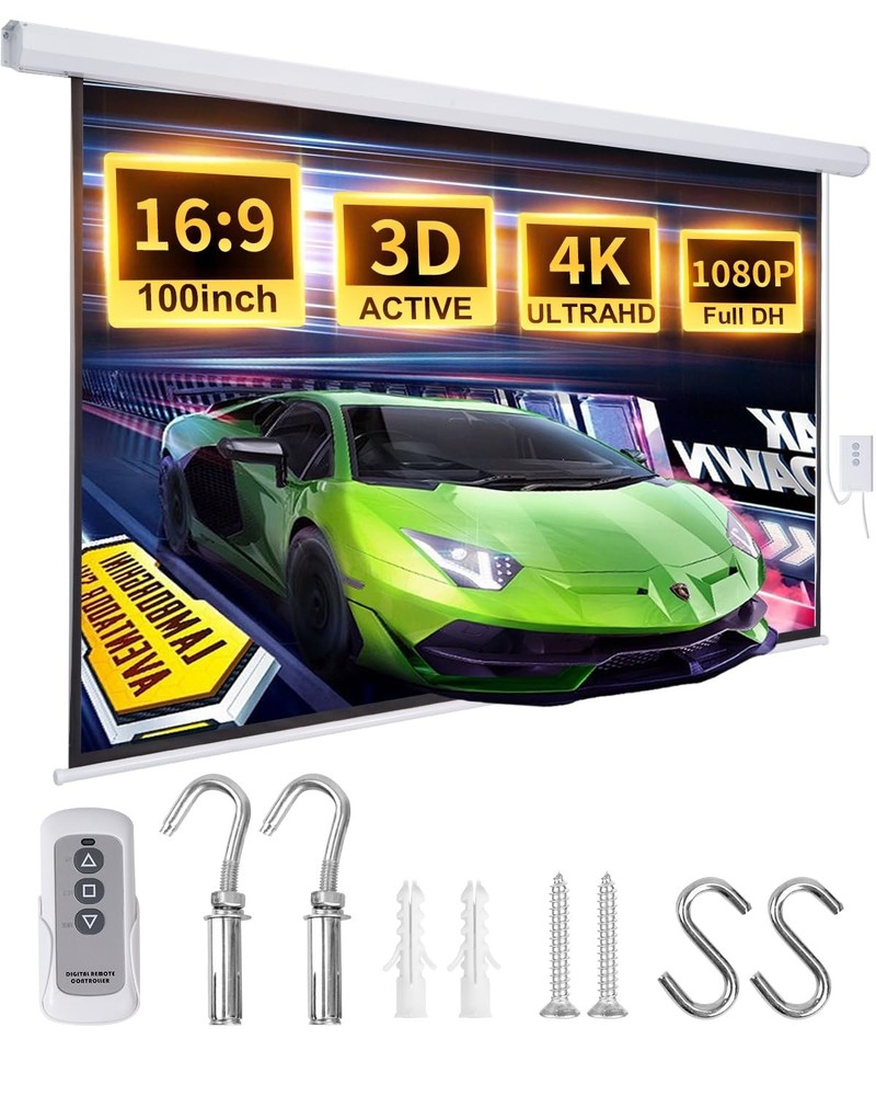 Electric Projector Screen 100 Inch with Remote Control Ceiling Mount Hooks, P...