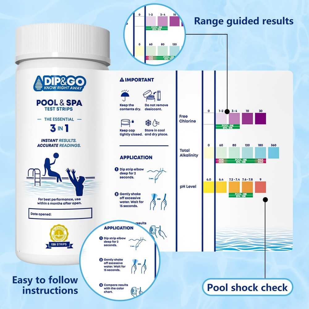 Test Strips for Pool & Spa 125 Count 3in1 Kit for pH, Chlorine, Alkalinity