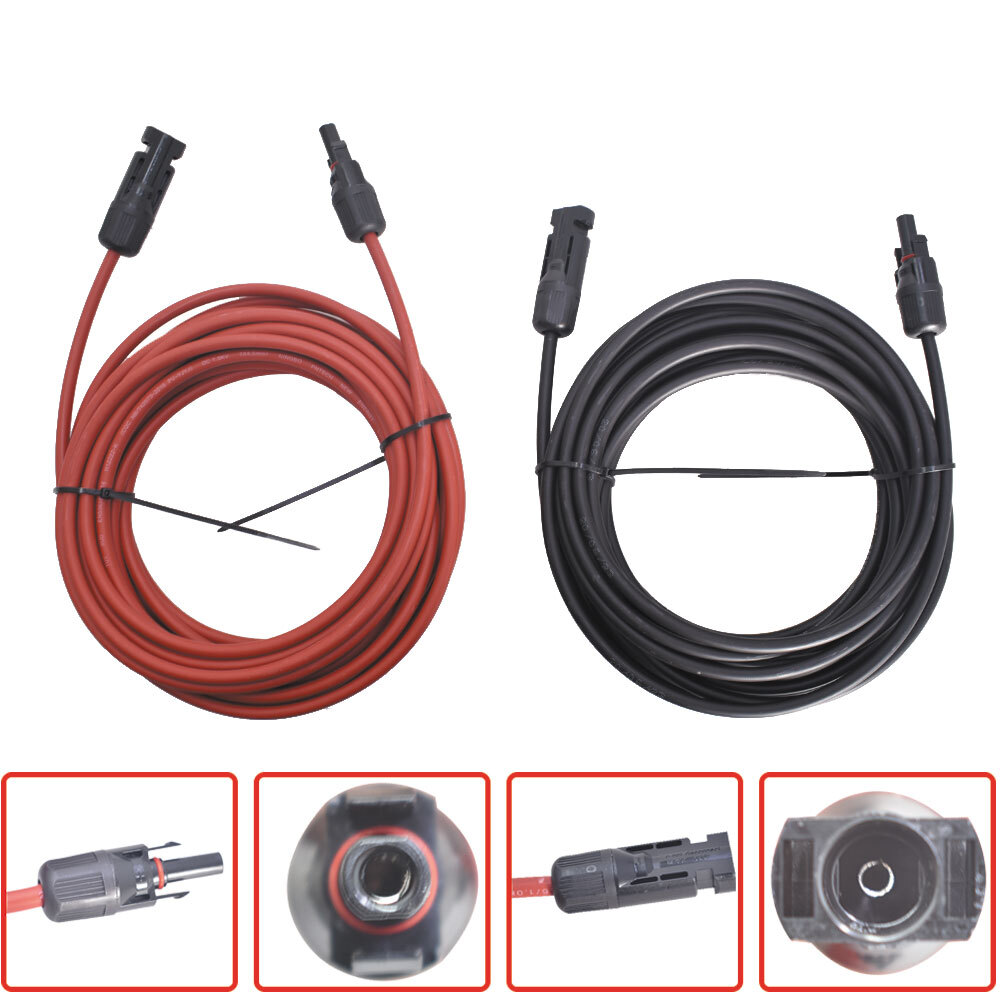 12AWG Solar Panel Extension Cable Wire Connector 1 Pair 30ft Black + Red