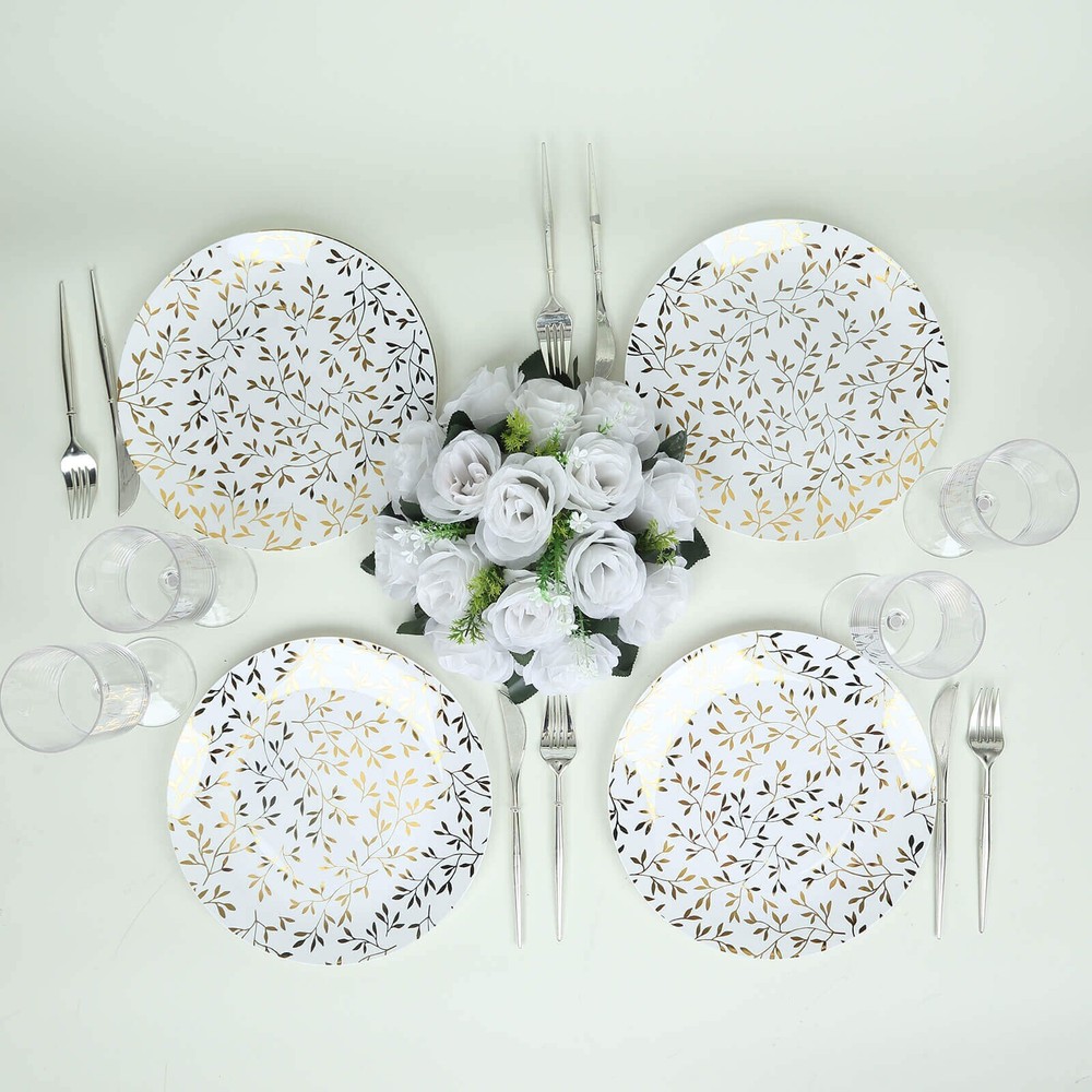 10 White 10" Round Plastic Salad Dessert Plates Gold Leaf Design Tableware