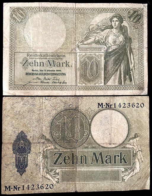 Authentic Historical Germany Germany 10 Mark 1906 Banknote - 116 Years Old