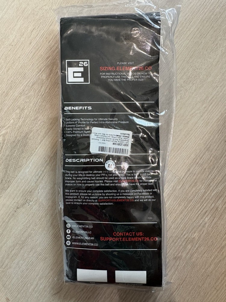 NEW Element 26 Self-Locking Weight Lifting Belt, Black, Size Medium