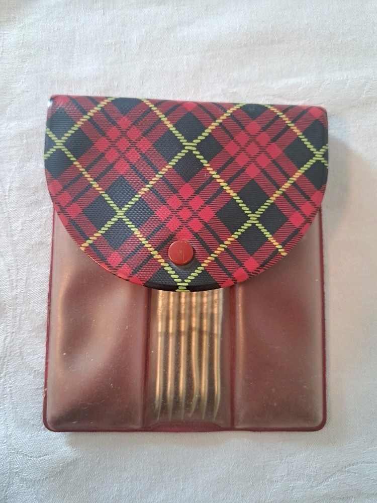 Vintage Nut Picks & Case Plaid Plastic Holder Tools