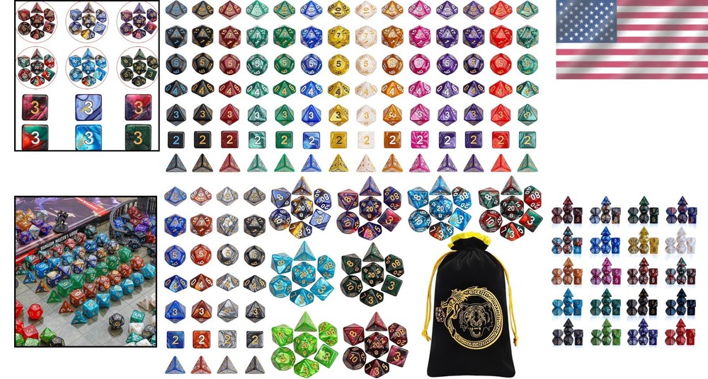 182pcs DND Dice Sets - 26 Colors with Large Drawstring Bag