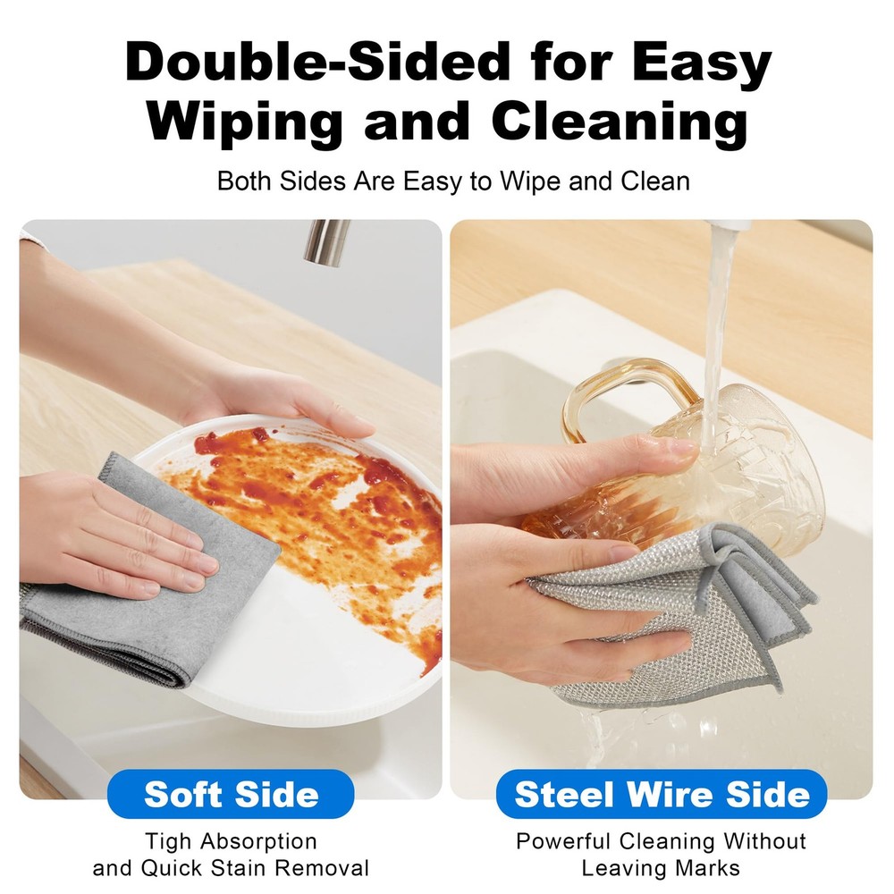 Dual-Sided Silver Microfiber Cleaning Cloth, Reusable Non-Scratch Dishwashing...