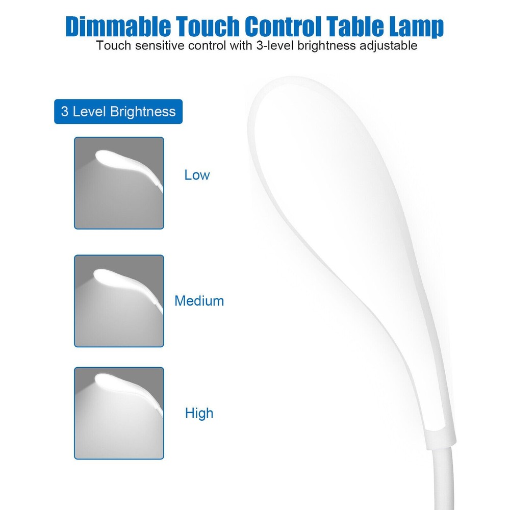 USB LED Desk Light Dimmable Bedside Reading Lamp Rechargeable Touch Control US