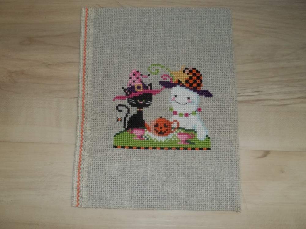 Haunted Tea Party Cross Stitch Completed Cat & Ghost