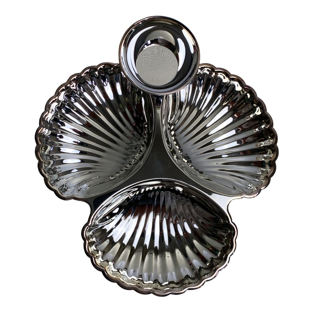 Vtg Seashell Silver Serving Tray Dip Cup Birks Regency Plate Shell Fish Formal