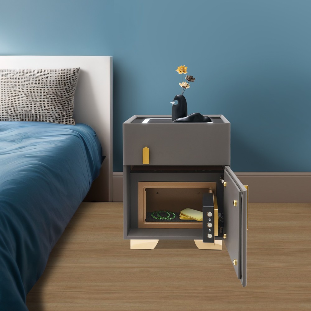 Smart Nightstand w/Security Safe Lock Box, 3-Color Light,Wireless Charging USB