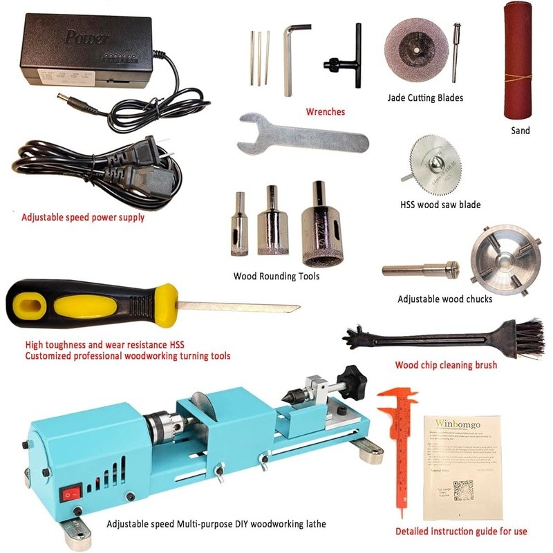 Mini Woodworking Lathe Adjustable Chuck HSS Tools 100W Motor Speed Control DIY