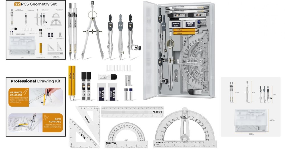 22 PCS Compass Geometry Tools with Case, Drafting Tools Geometry Set