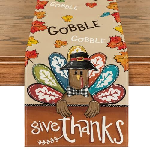 Turkey Give Thanks Thanksgiving Table Runner, 13" x 36", Table Runner Brown