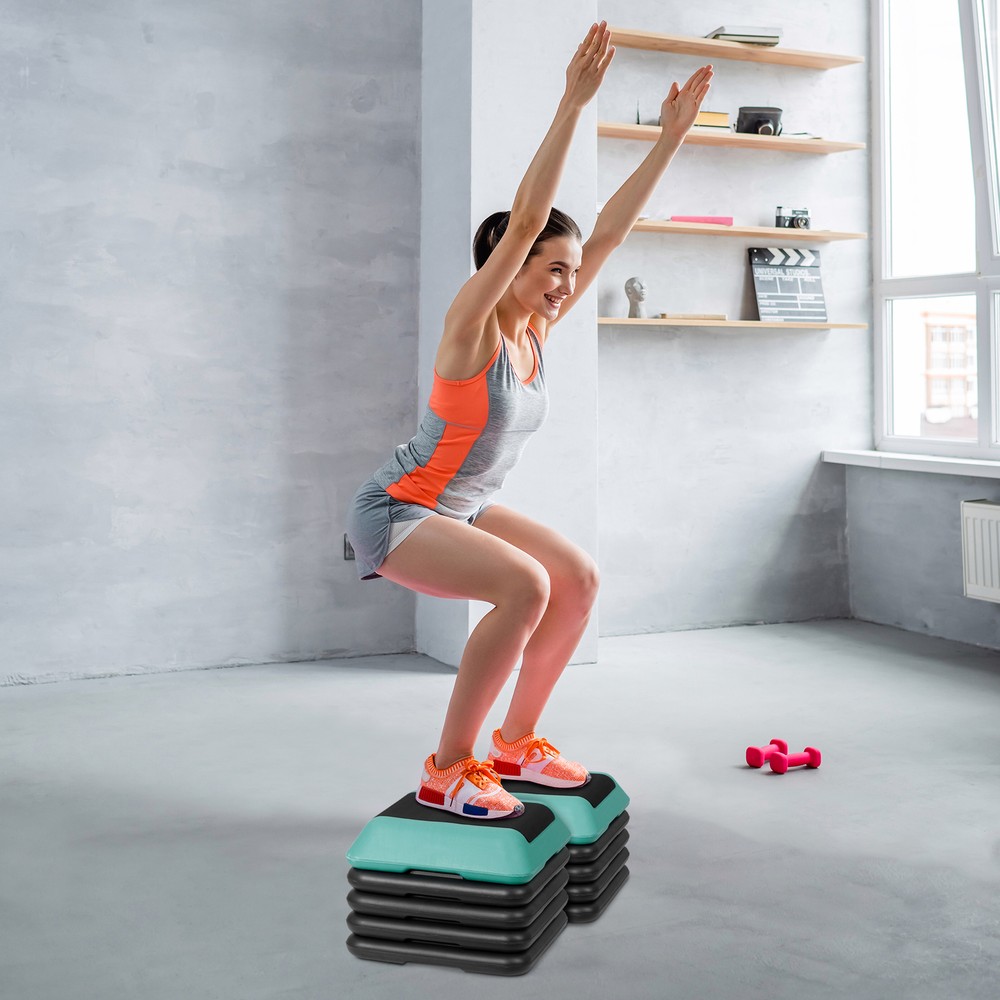 Adjustable Aerobic Step Platform Nonslip with 4 Risers Aerobic Stepper Green