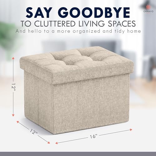 Small Storage Ottoman Foldable Collapsible Rectangle Linen Ottoman 1 Beige