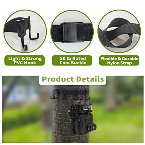 Treestand Strap Gear Hangers with Large Hooks, Lightweight Multi-Hook Black